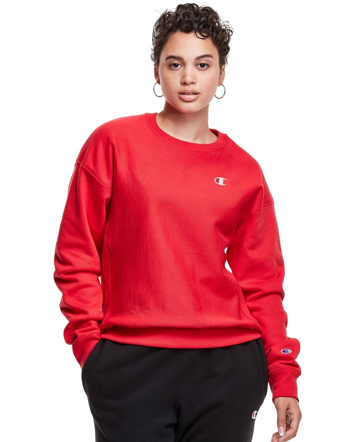 Champion Dame Sweatshirt Rød - Reverse Weave Crew C Logo - Danmark XAN-951246